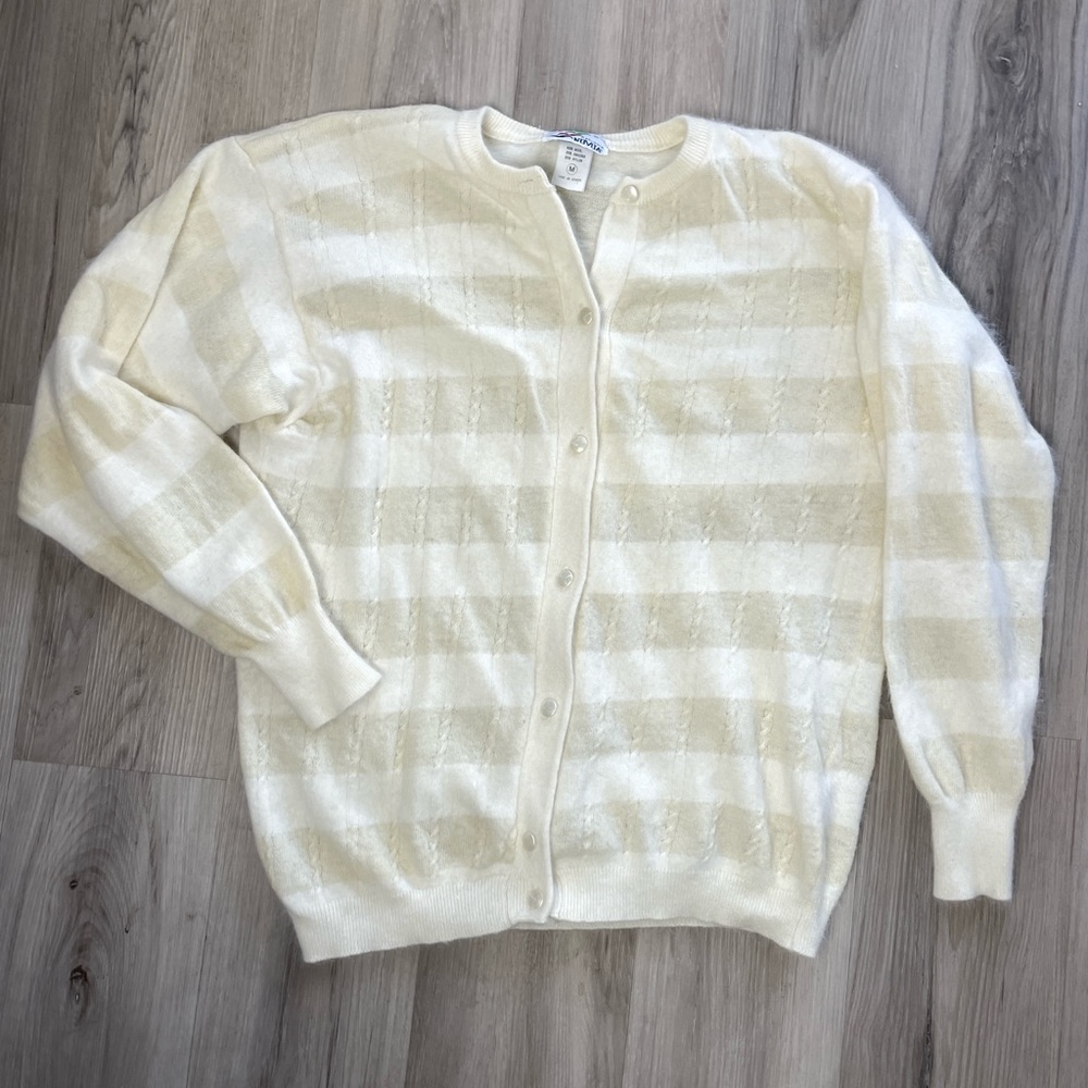 Vintage Italian Cardigan Cream & White Striped Button Wool Sweater Medium